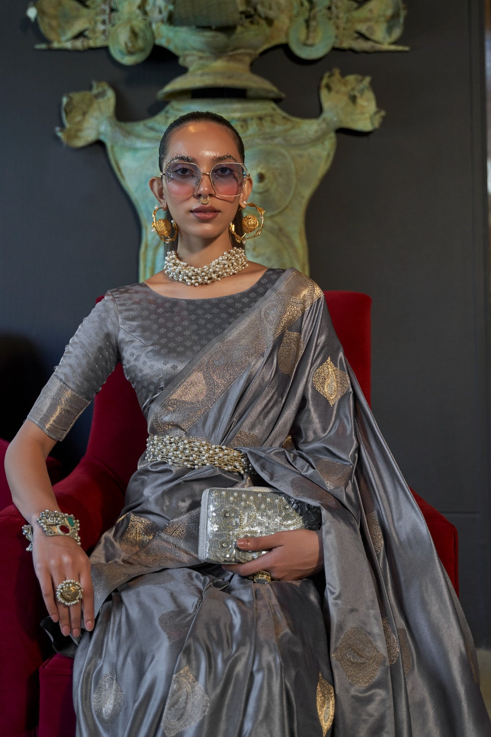 Buy MySilkLove Abbey Grey Woven Banarasi Silk Saree Online
