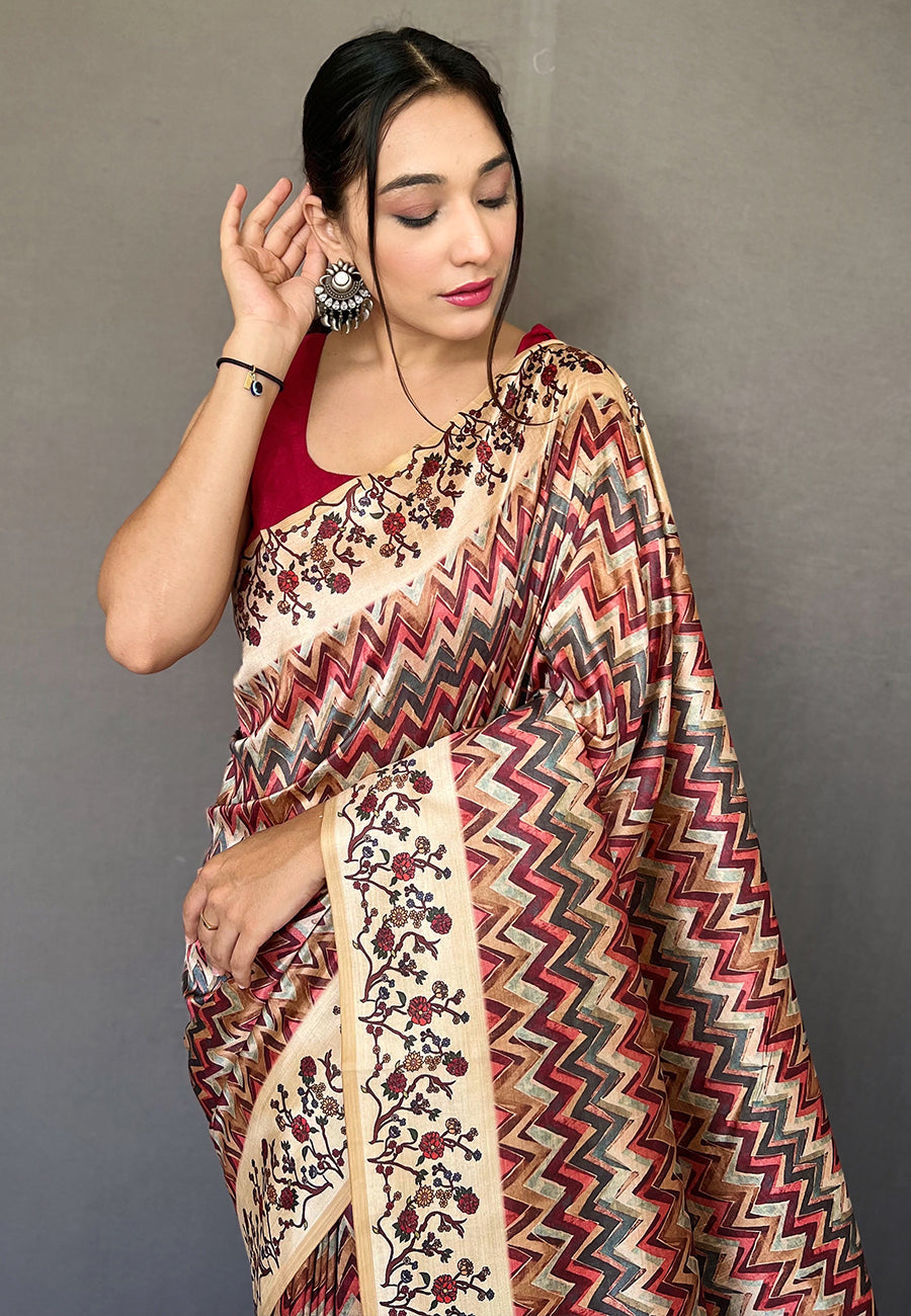 MySilkLove Tamarillo Maroon Multicolor Ikat Printed Saree