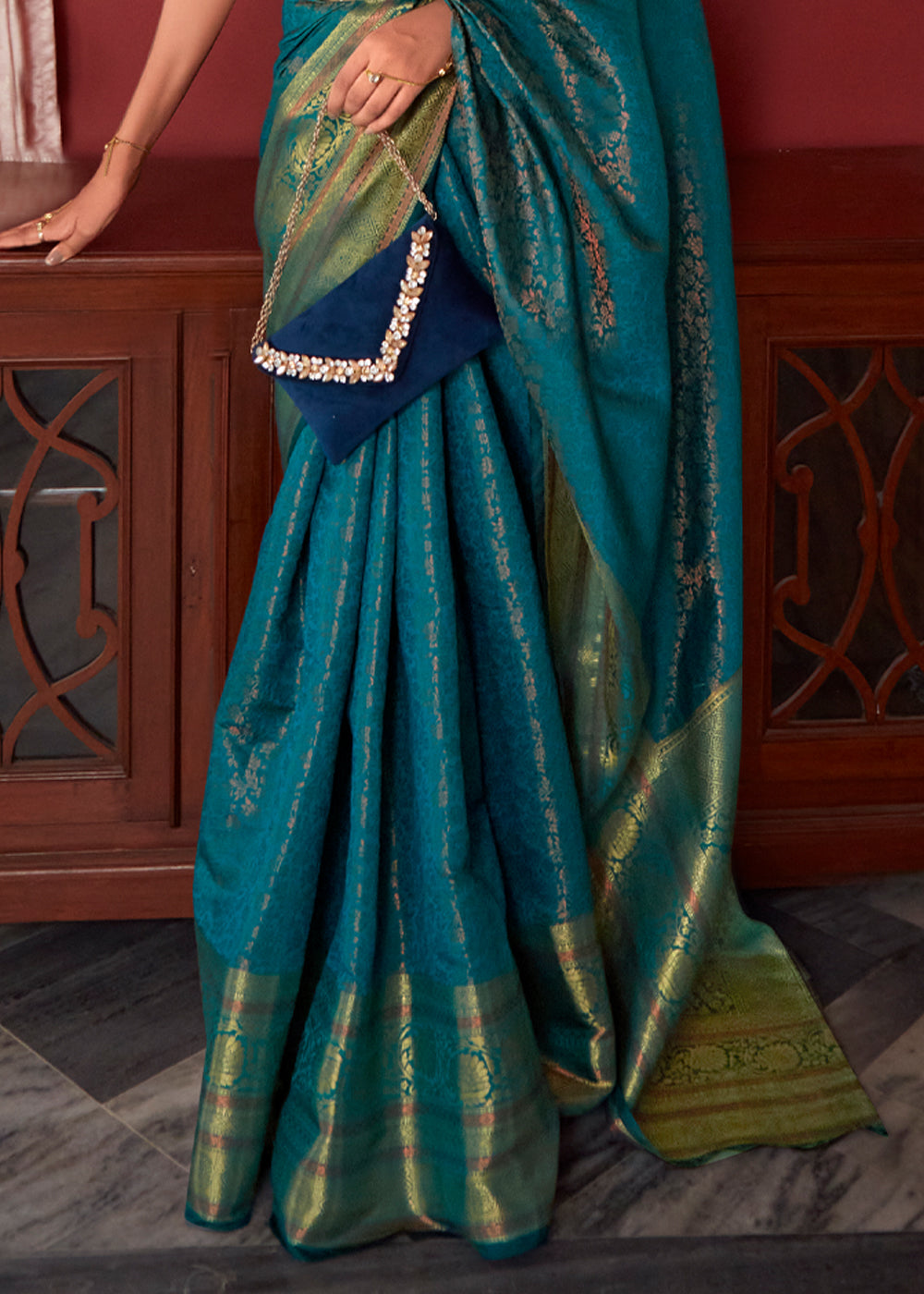 Buy MySilkLove Casal Blue Bronze Zari Woven Kanjivaram Silk Saree Online