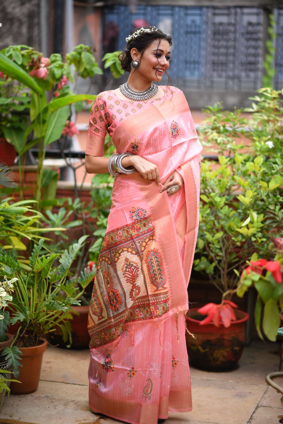 Buy MySilkLove Bush Pink Printed South Silk Saree Online