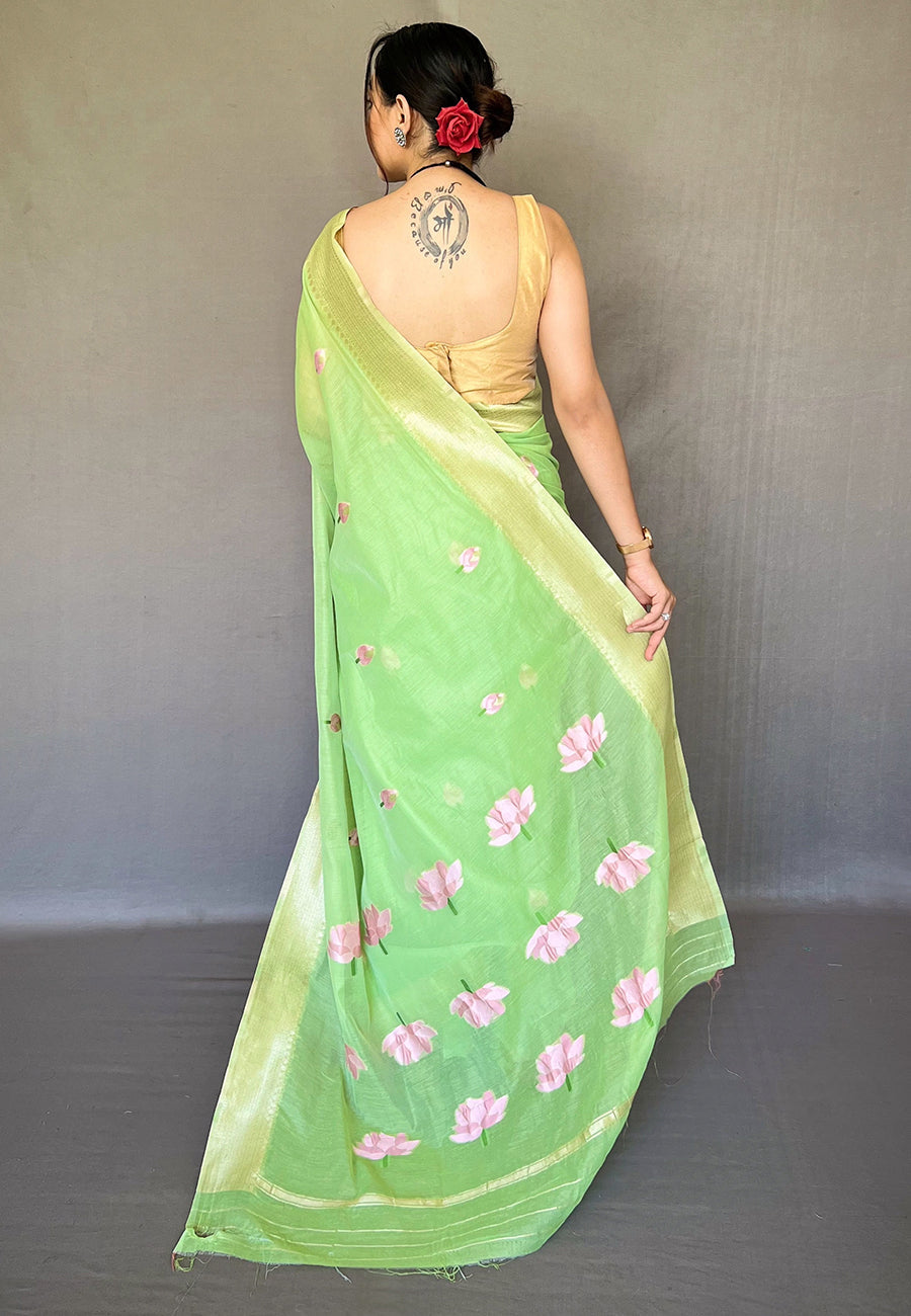 Buy MySilkLove Gossip Green Cotton Lotus Woven Silk Saree Online