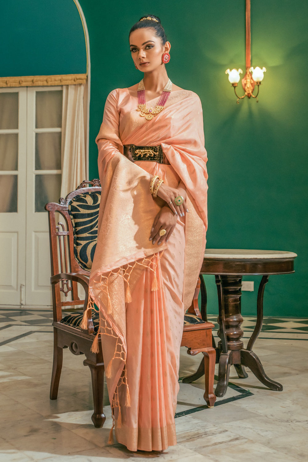 Buy MySilkLove Serria Peach Woven Soft Silk Saree Online