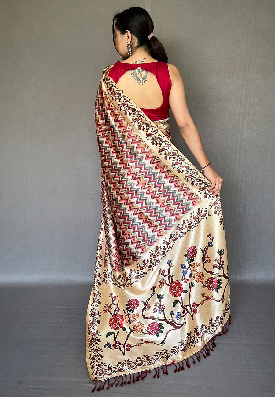 Buy MySilkLove Tamarillo Maroon Multicolor Ikat Printed Saree Online