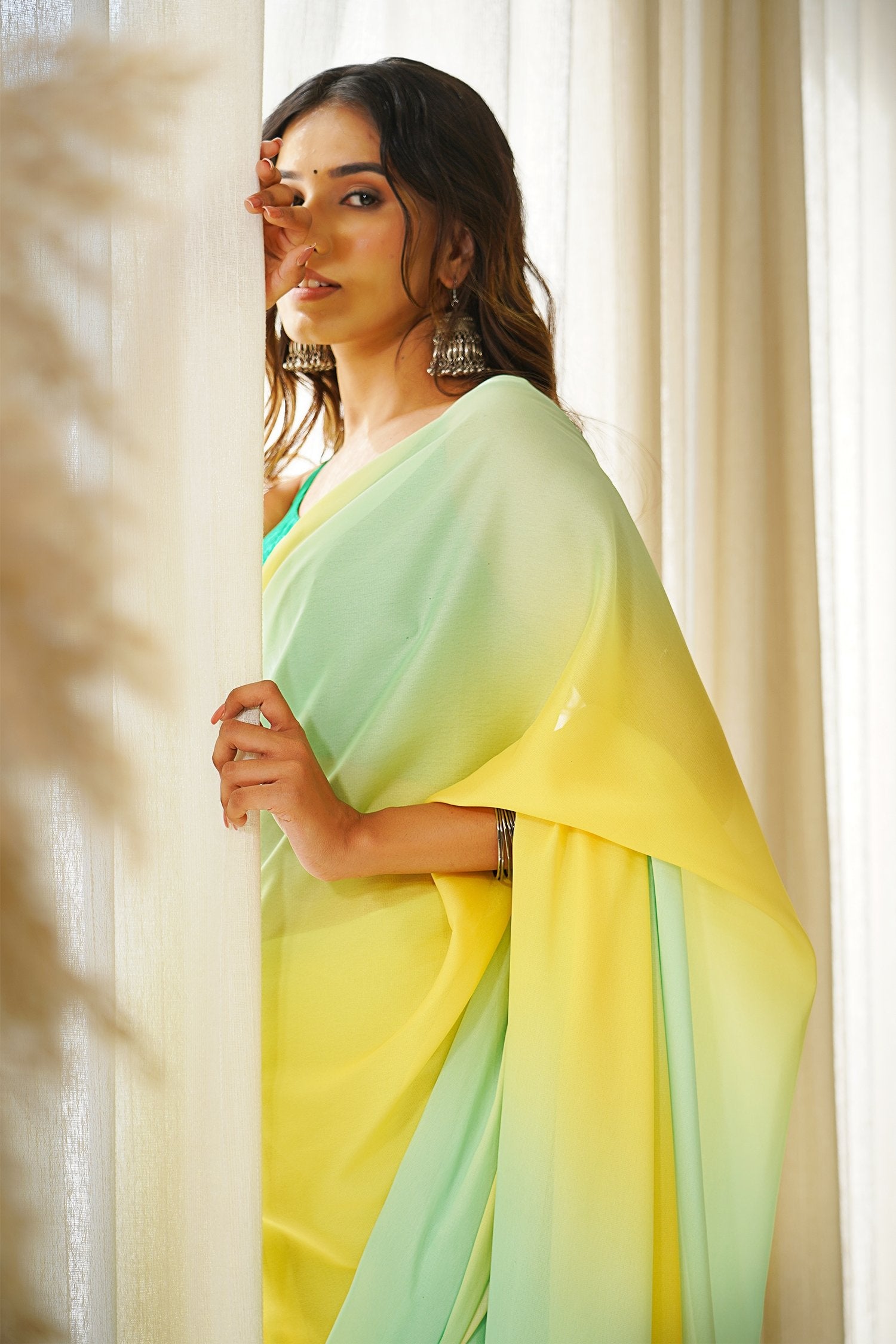 Buy MySilkLove Cream Can Yellow and Green Crepe Silk Georgette Saree Online