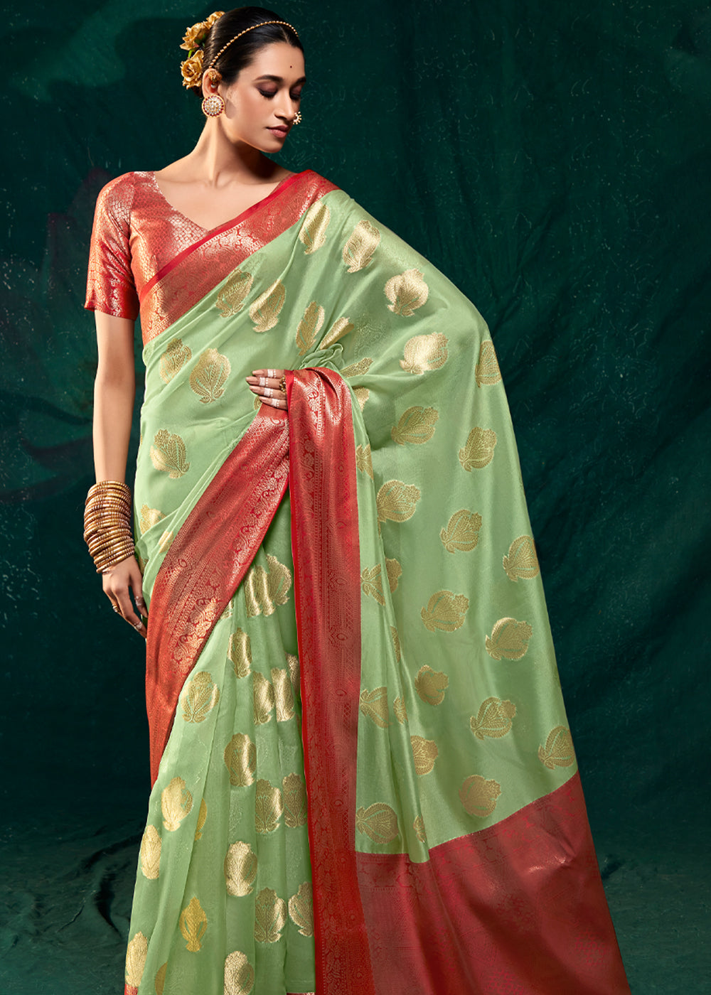 Buy MySilkLove Olivine Green Woven Banarasi Organza Silk Saree Online