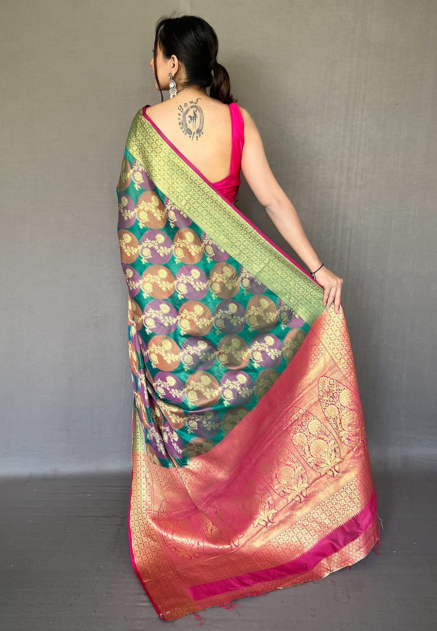 Buy MySilkLove Eucalyptus Green Organza Multicolor Contrast Zari Woven Saree Online