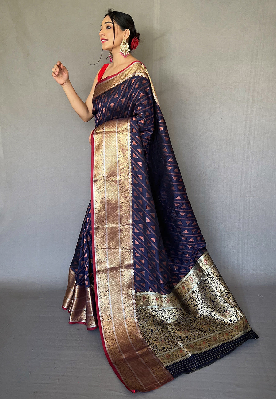 Buy MySilkLove Oxford Blue Banarasi Silk Leheriya Copper Zari Woven Saree Online