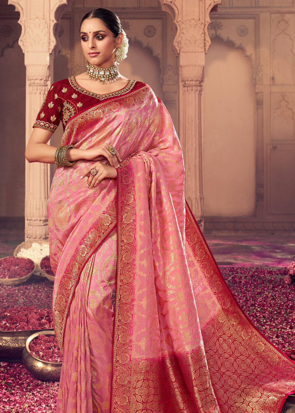 Buy MySilkLove Apricot Pink and Brown Zari Woven Designer Banarasi Saree Online