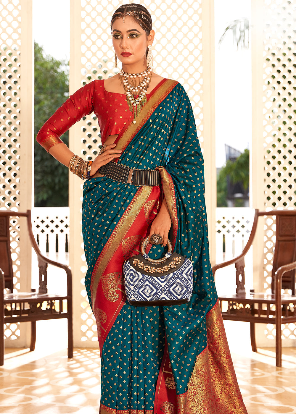 Buy MySilkLove Blumine Blue and Red Woven Banarasi Soft Silk Saree Online