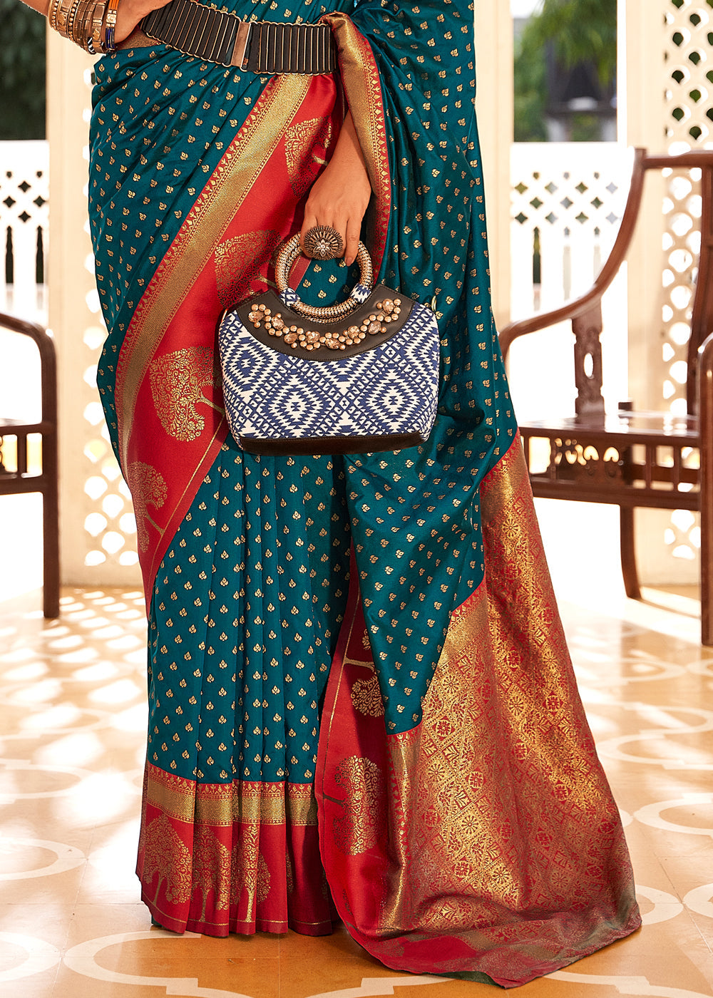 Buy MySilkLove Blumine Blue and Red Woven Banarasi Soft Silk Saree Online