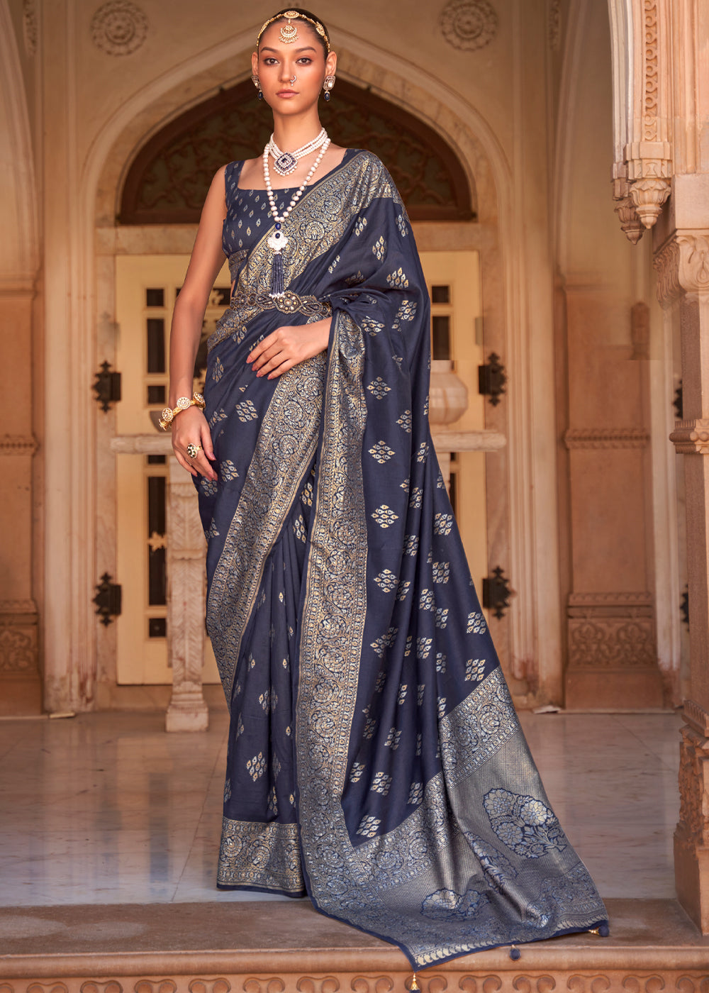 Buy MySilkLove Gun Powder Grey Woven Banarasi Soft Silk Saree Online