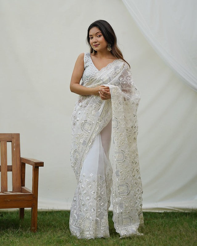 Buy MySilkLove Desert Storm White Designer Organza saree with Sequence Work Online