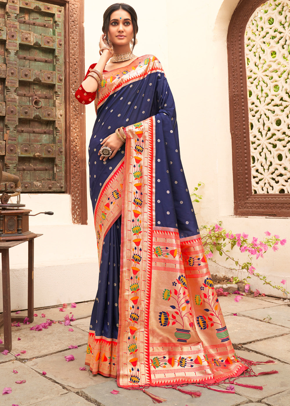 Buy MySilkLove Dolphin Blue Woven Paithani Silk Saree Online