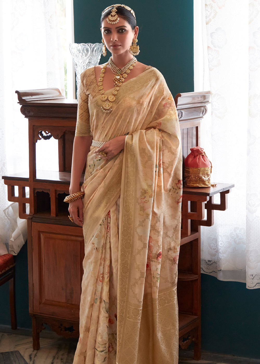 Buy MySilkLove Muesli Brown Woven Banarasi Floral Printed Silk Saree Online