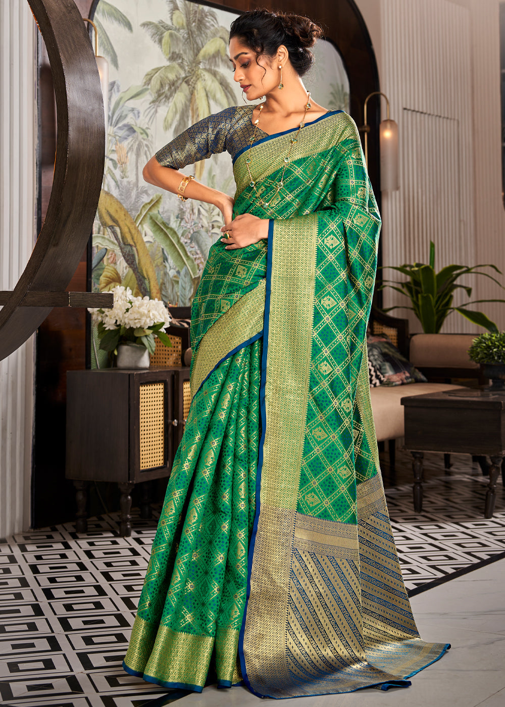 Buy MySilkLove Viridian Green Woven Patola Soft Silk Saree Online