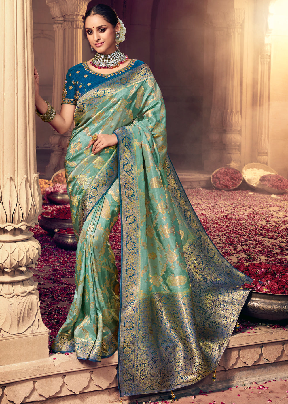 Buy MySilkLove Summer Green and Blue Zari Woven Designer Banarasi Saree Online