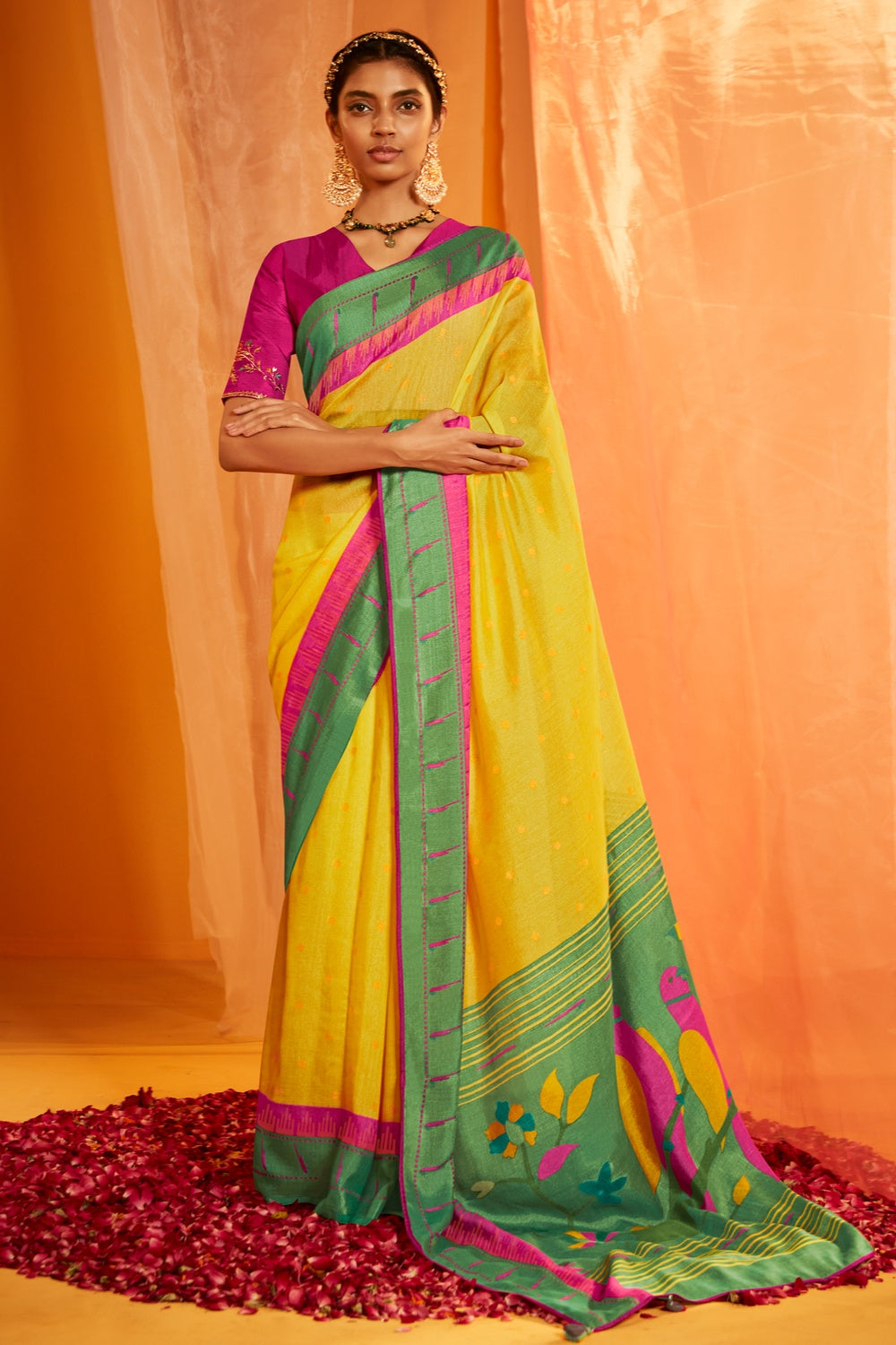 Buy MySilkLove Tulip Tree Yellow Woven Paithani Silk Saree Online