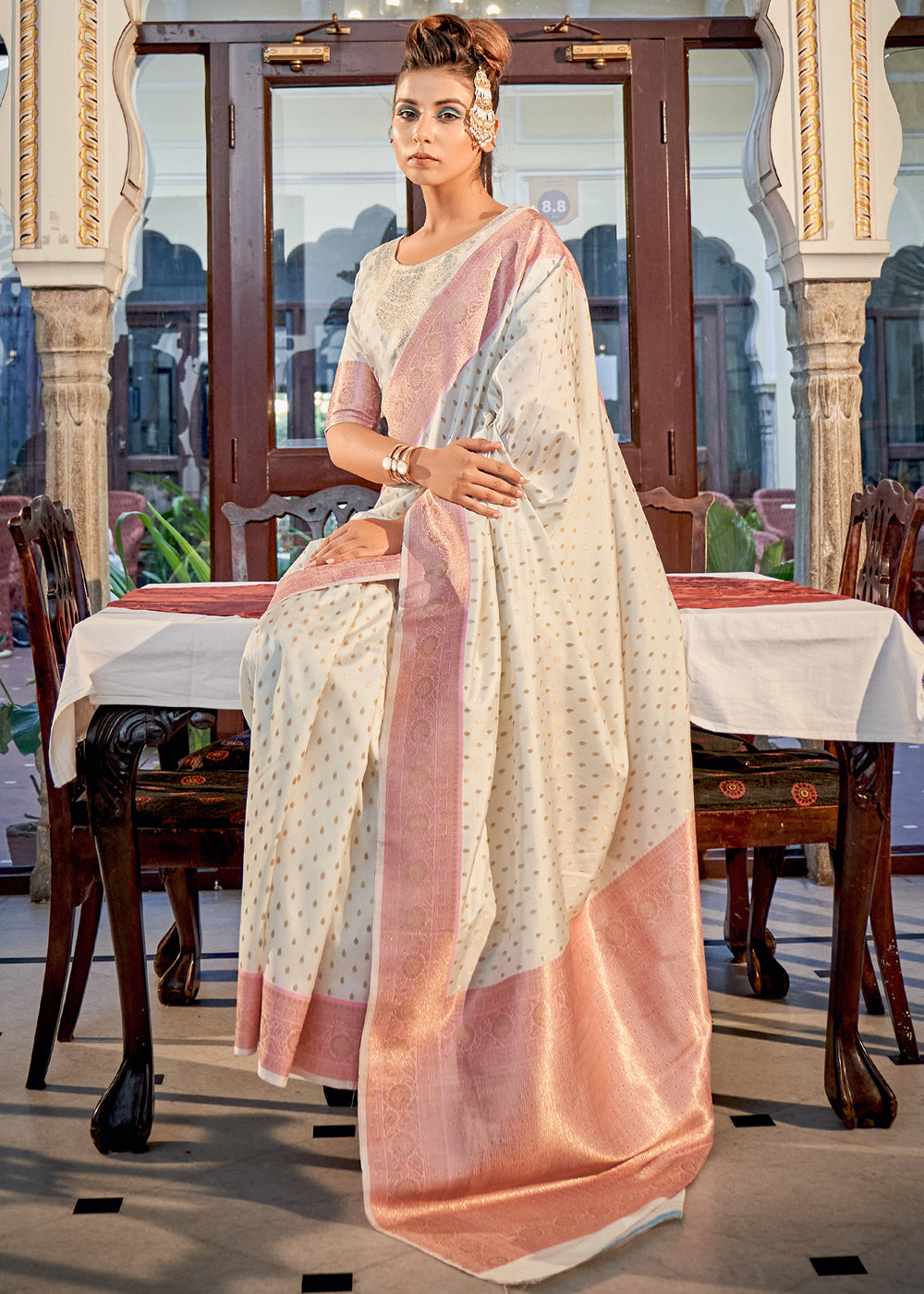 Buy MySilkLove Wafer White Woven Banarasi Silk Saree Online