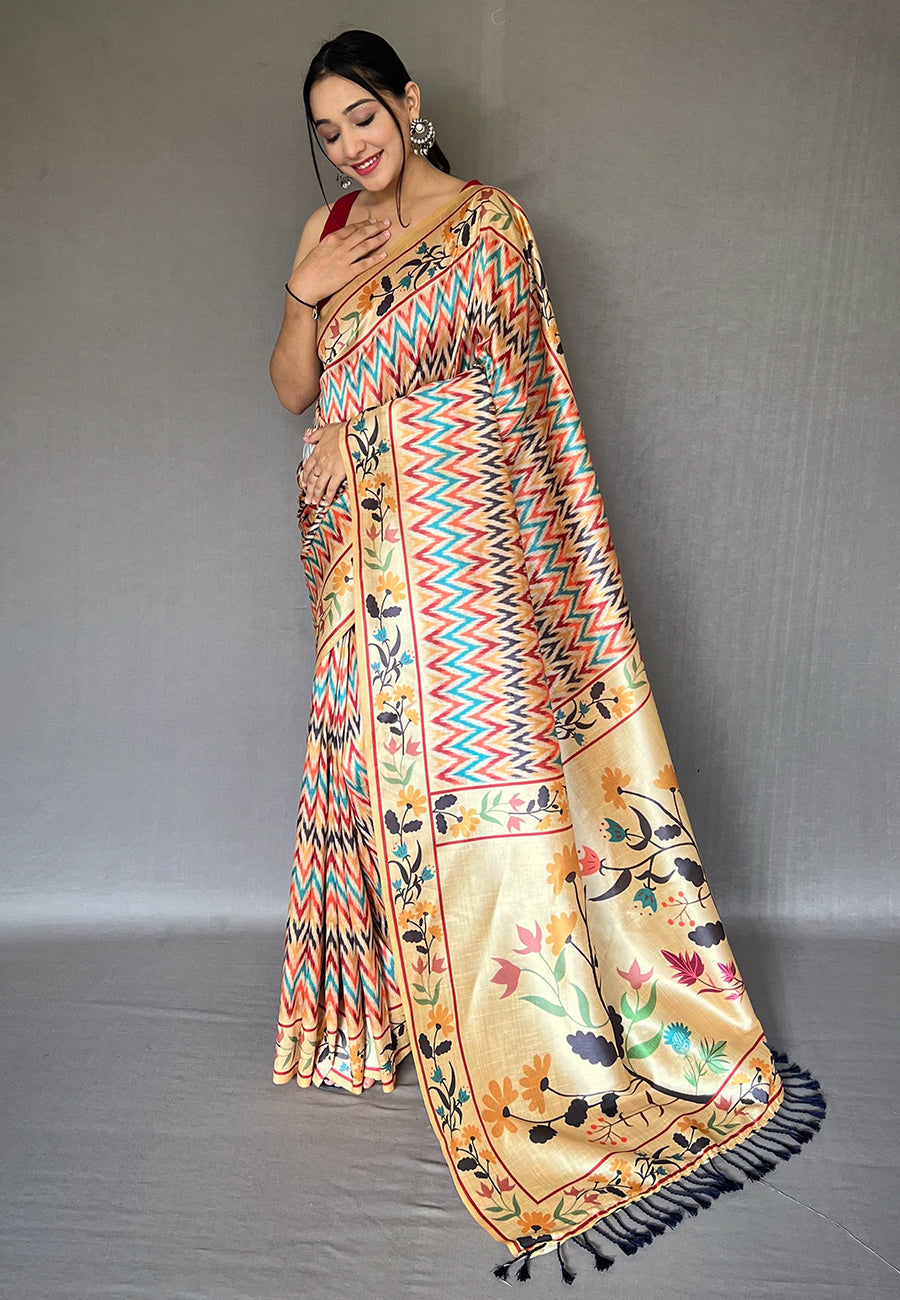 Buy MySilkLove Cumulus Golden Multicolor Ikat Printed Saree Online