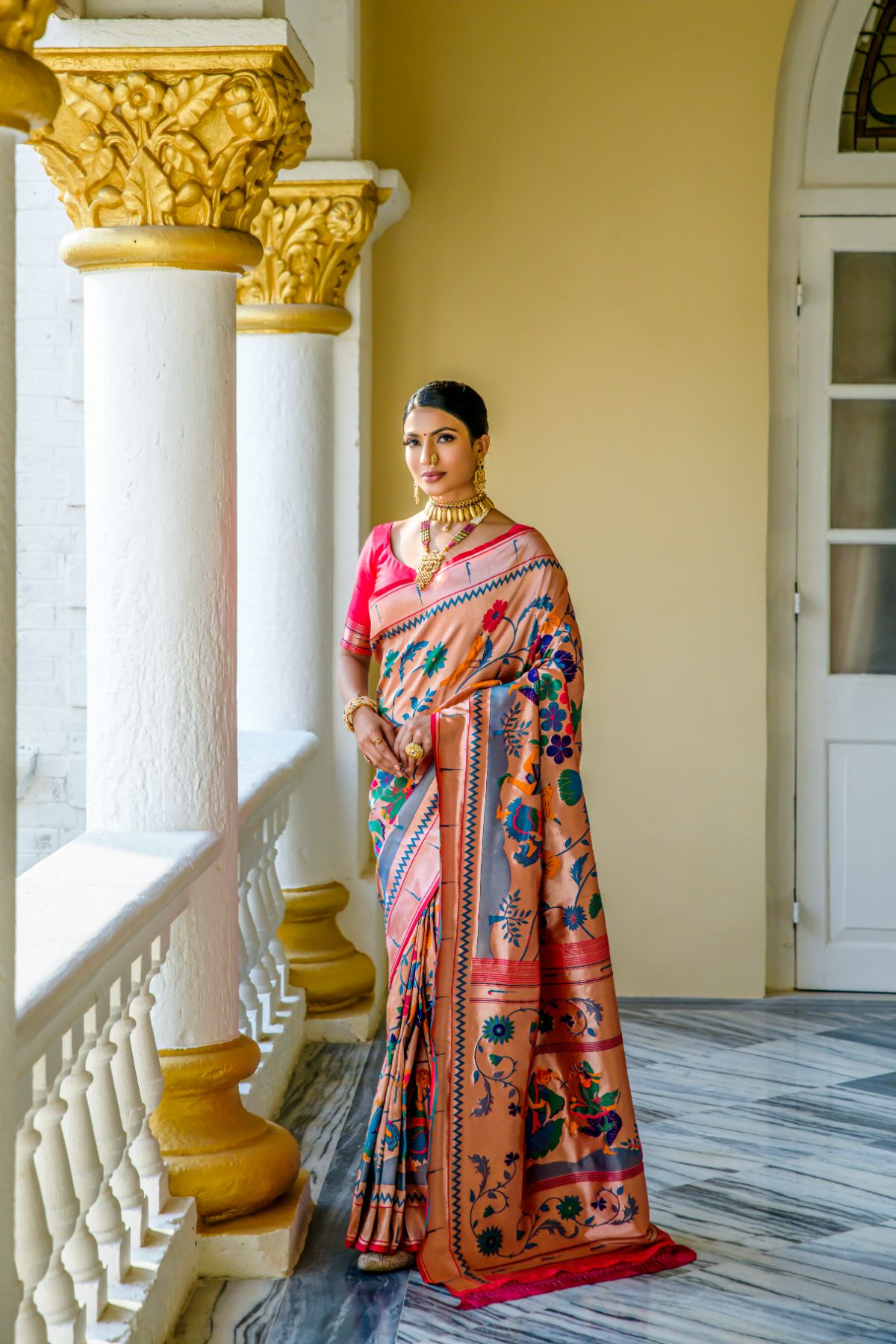 Buy MySilkLove Apricot Pink Woven Paithani Silk Saree Online