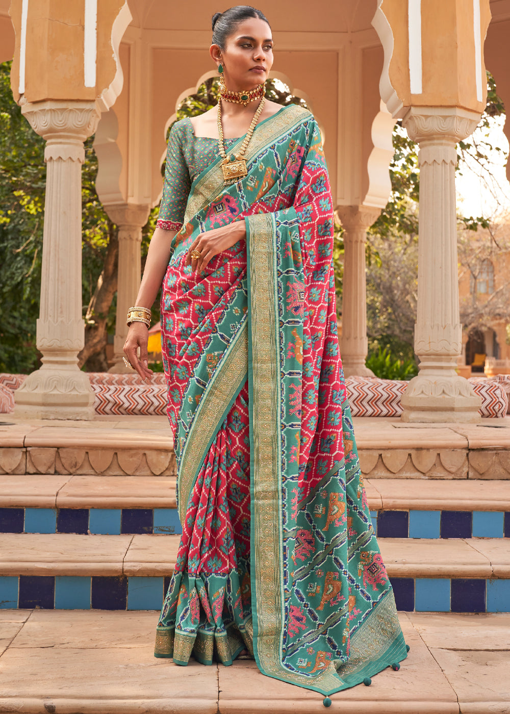 Buy MySilkLove Tulip Pink Printed Patola Silk Saree Online