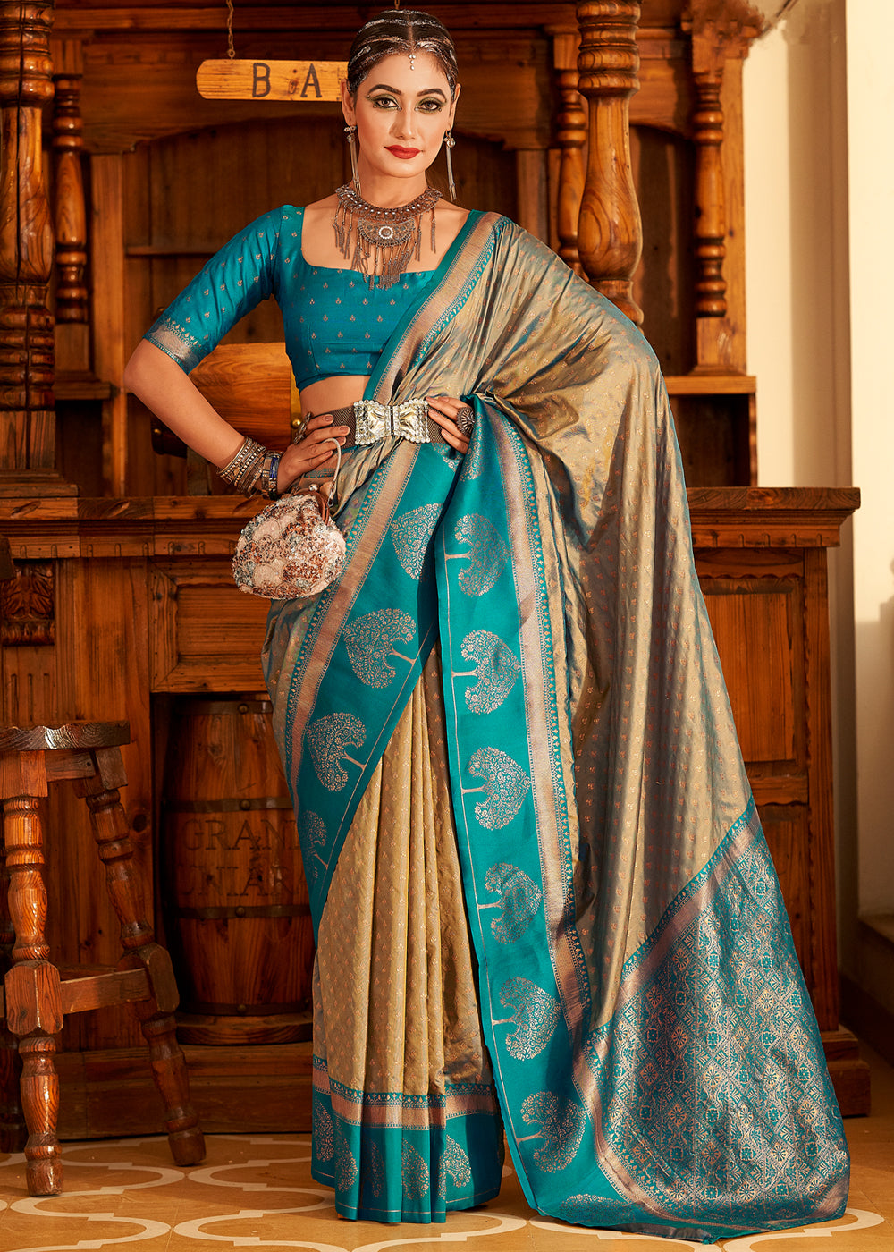 Buy MySilkLove Wild Rice Cream and Blue Woven Banarasi Soft Silk Saree Online