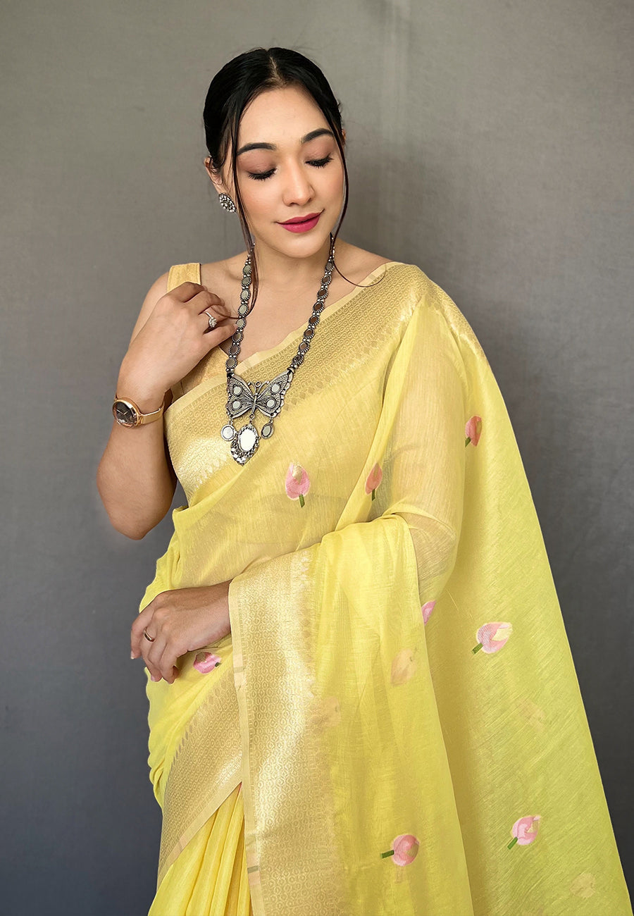 MySilkLove Marigold Yellow Cotton Lotus Woven Silk Saree