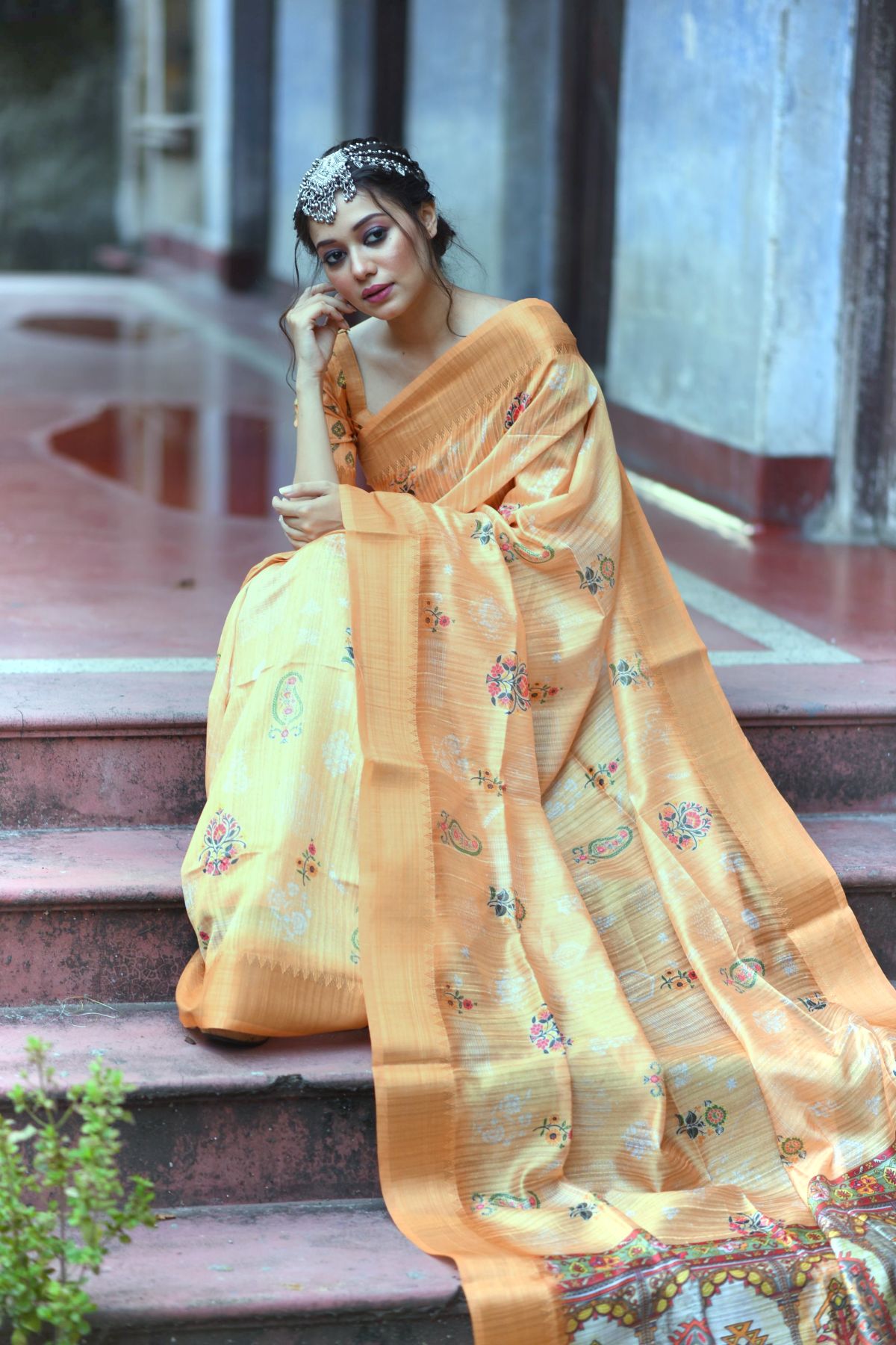 MySilkLove Caper Cream and Orange Printed South Silk Saree