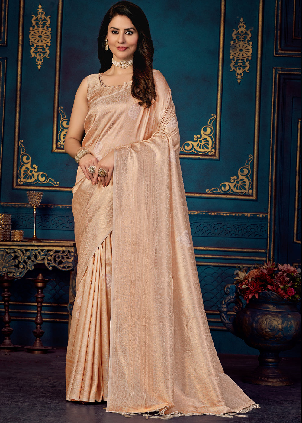 Buy MySilkLove Negroni Peach Woven Banarasi Jacquard Silk Saree Online