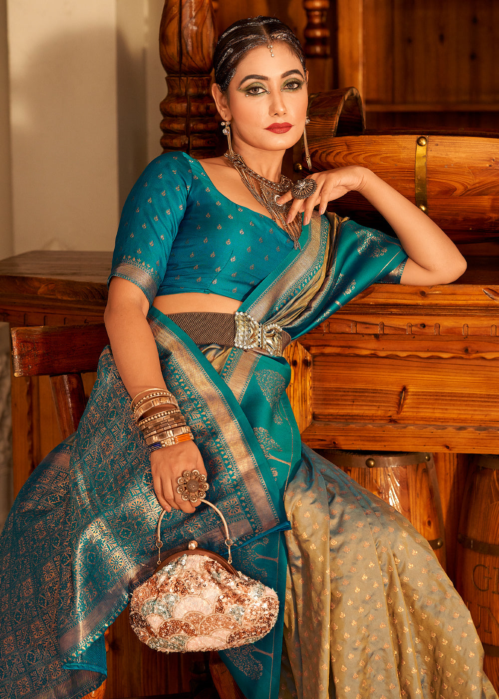 MySilkLove Wild Rice Cream and Blue Woven Banarasi Soft Silk Saree