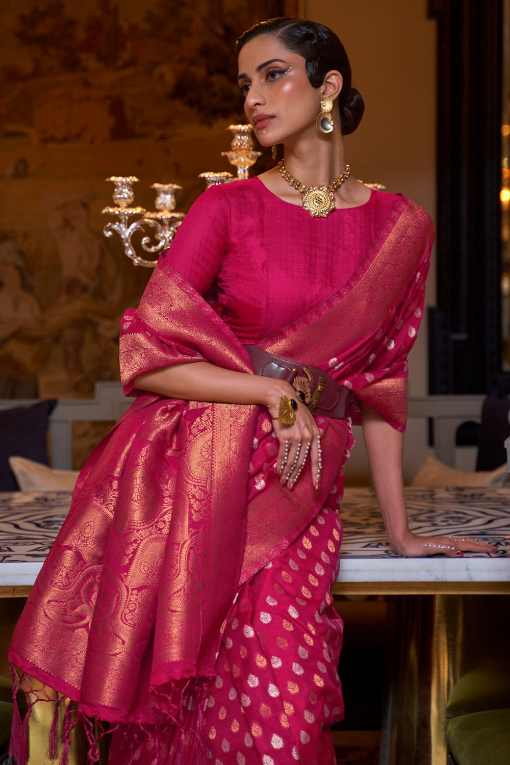 Buy MySilkLove Cerise Pink Copper Zari Pure Khadi Banarasi Saree Online