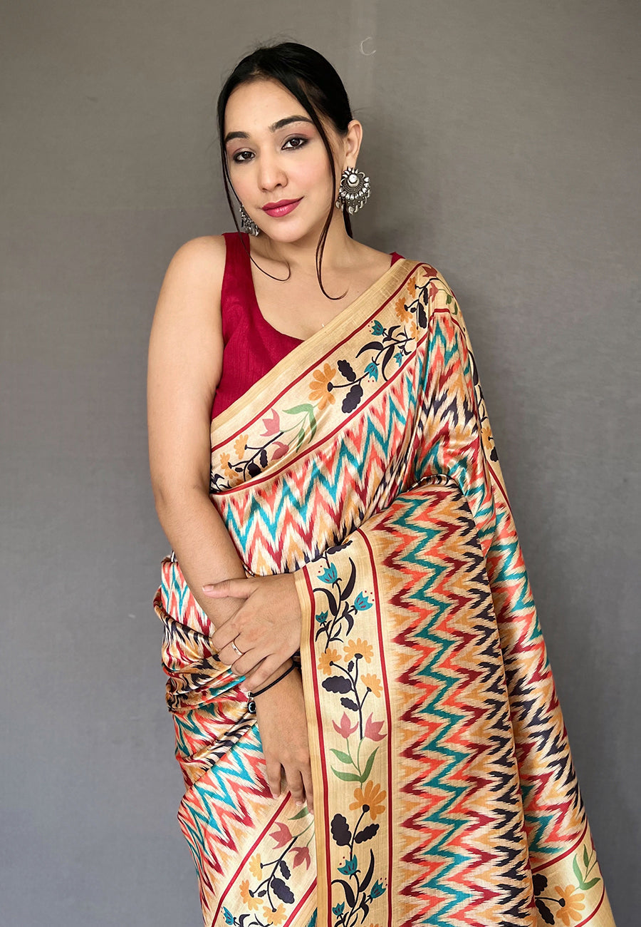 MySilkLove Cumulus Golden Multicolor Ikat Printed Saree