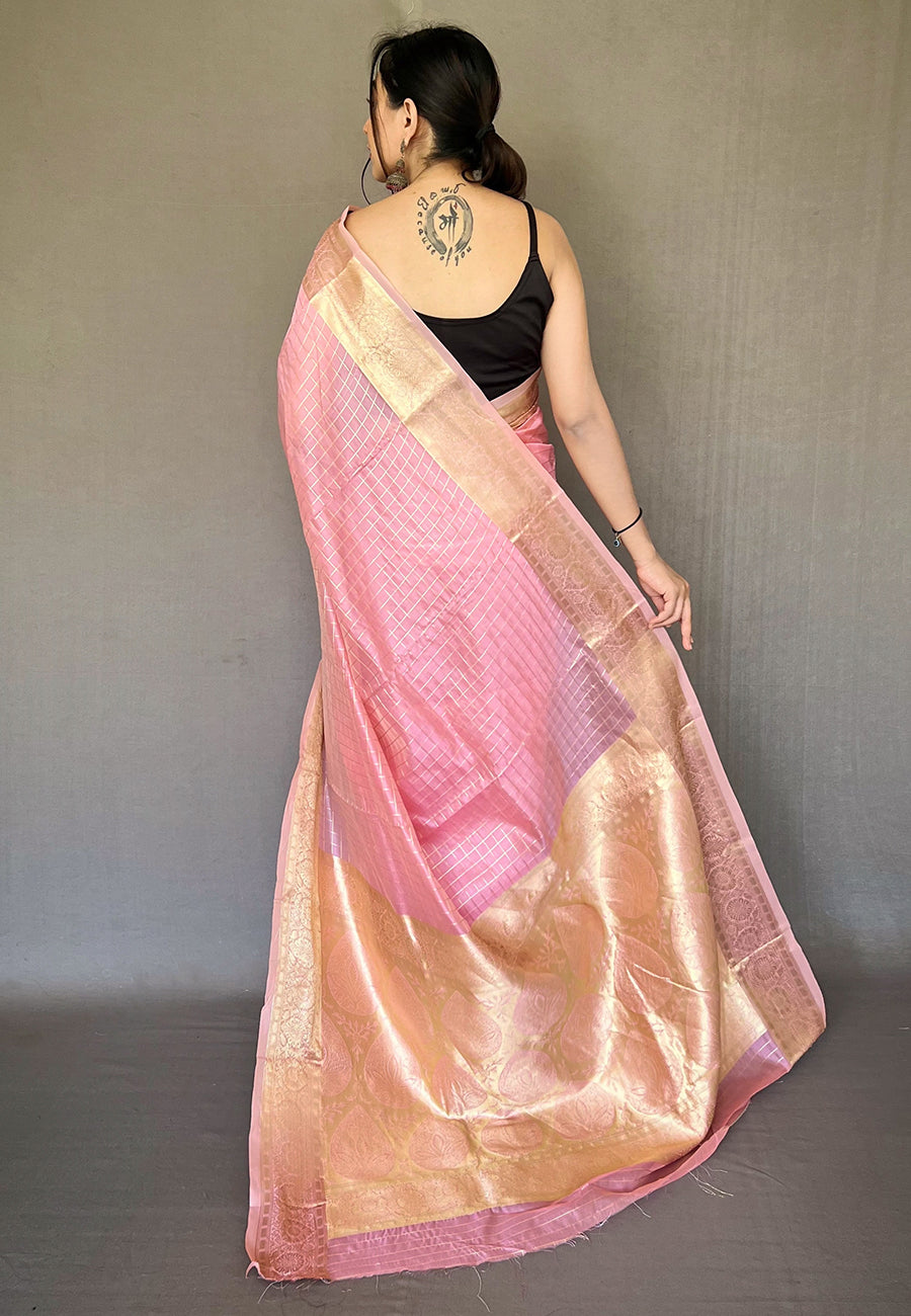 Buy MySilkLove Mauvelous Pink Zari Woven Organza Checks Saree Online