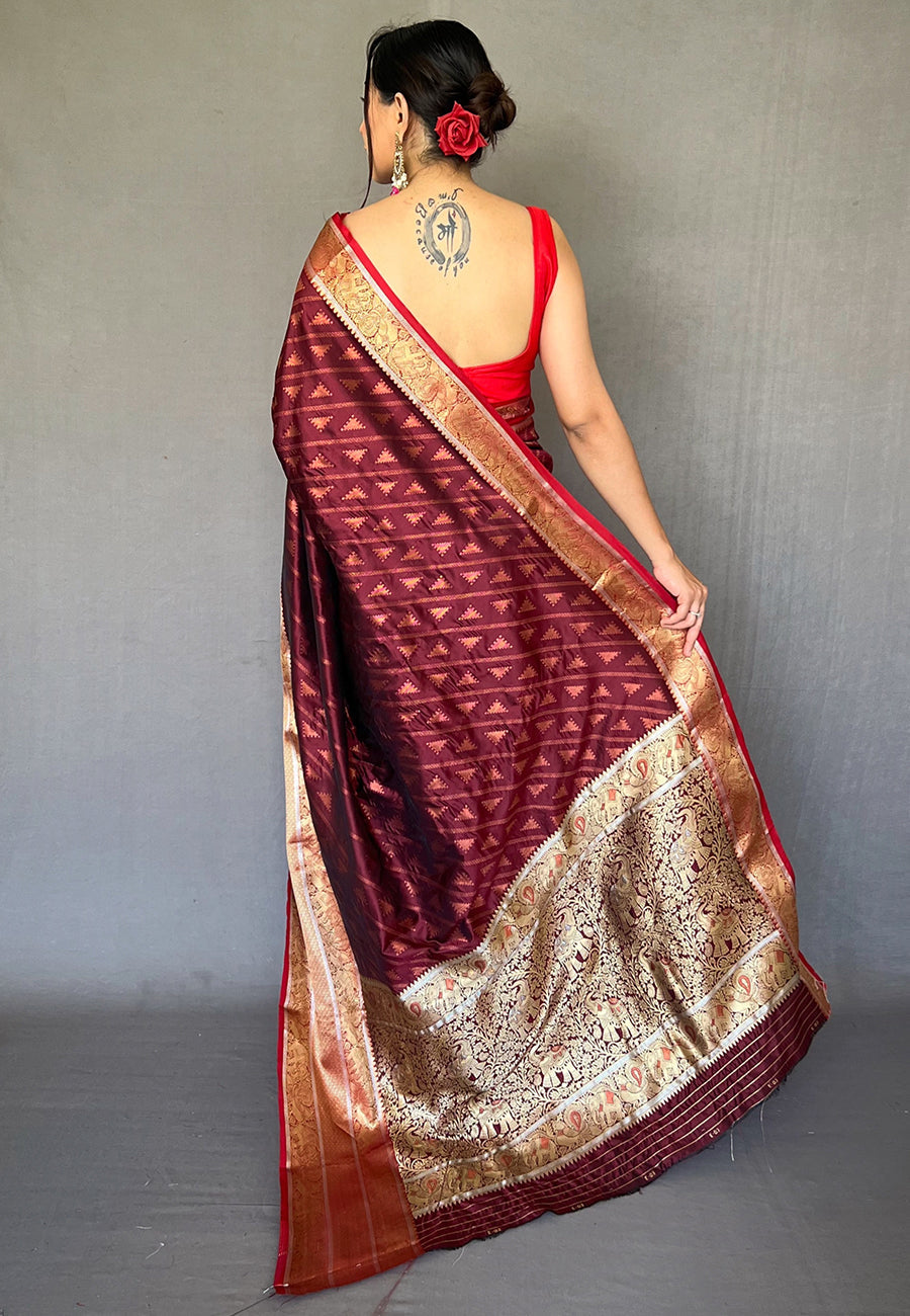 Buy MySilkLove Tosca Brown Banarasi Silk Leheriya Copper Zari Woven Saree Online