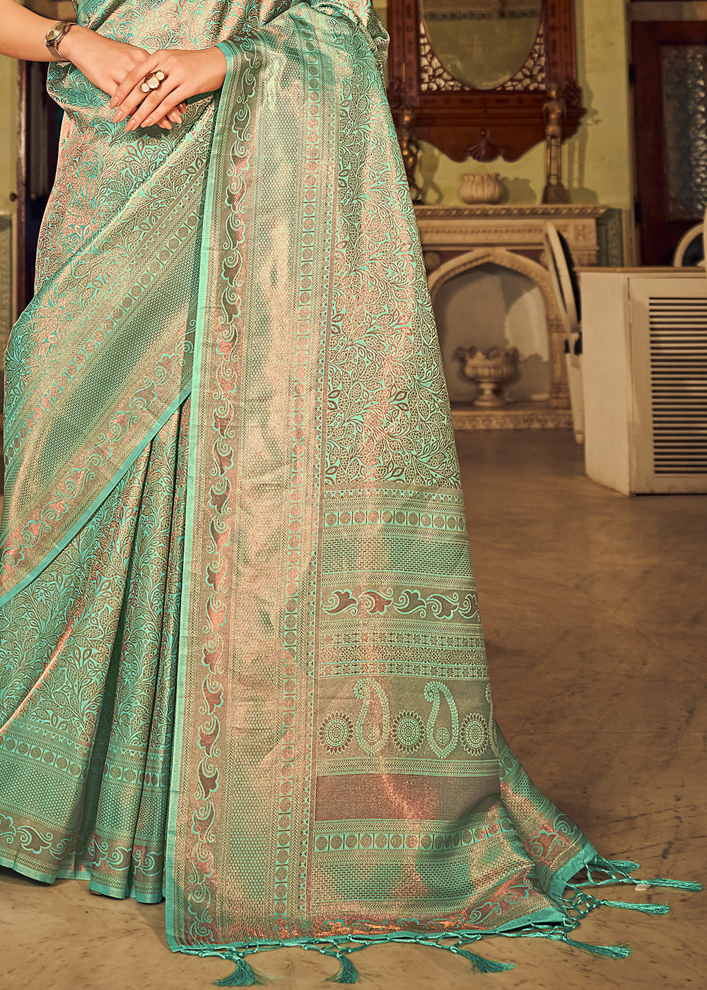 Buy MySilkLove Deco Green Dual Tone Kanjivaram Silk Saree Online