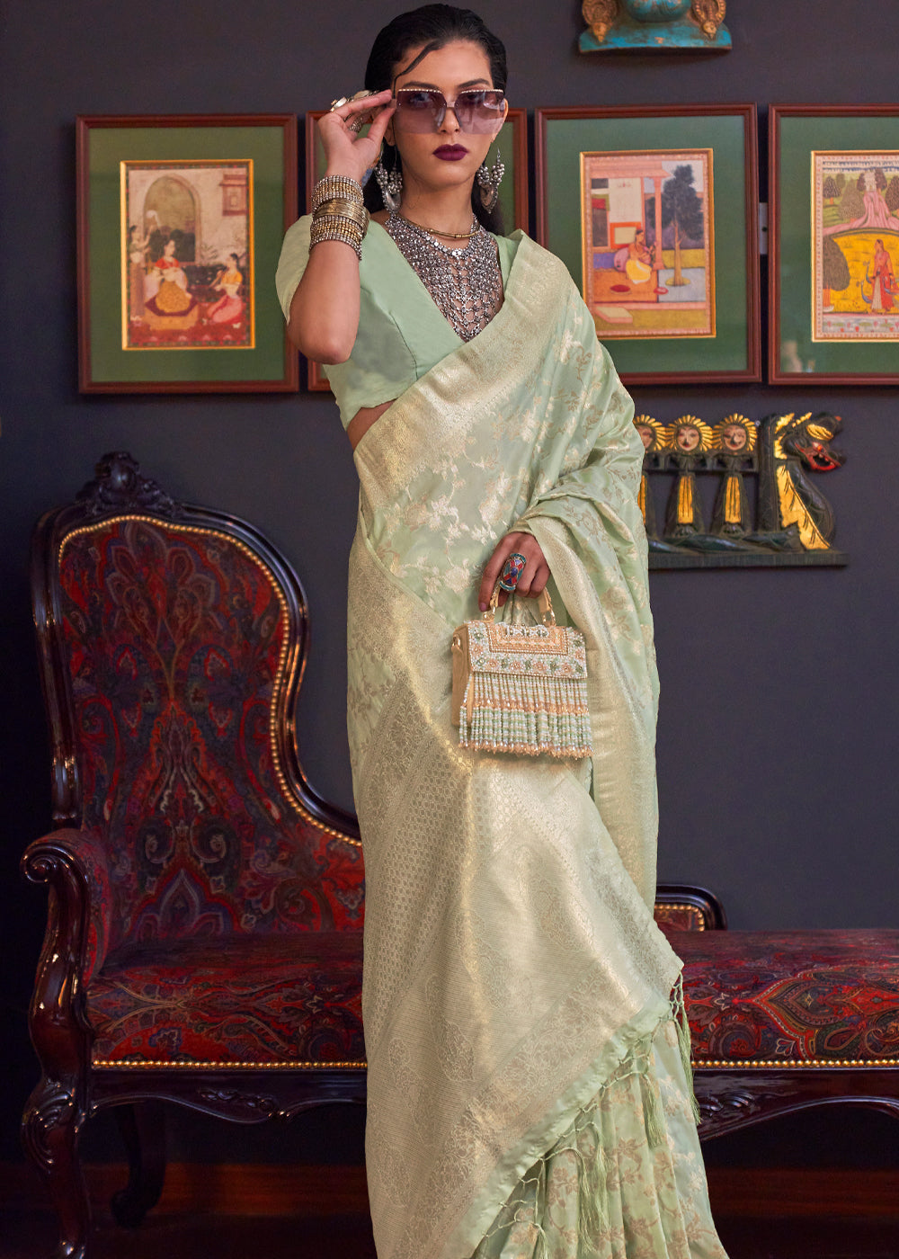 Buy MySilkLove Locust Green Banarasi Katan Silk Saree Online