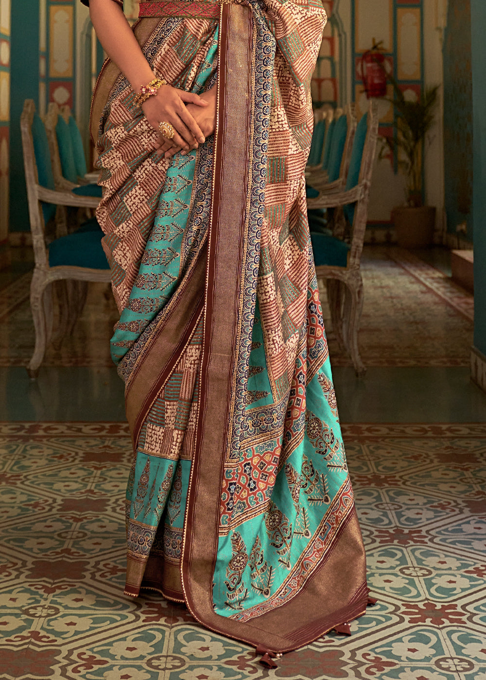 Buy MySilkLove Sinbad Blue Printed Patola Soft Silk Saree Online