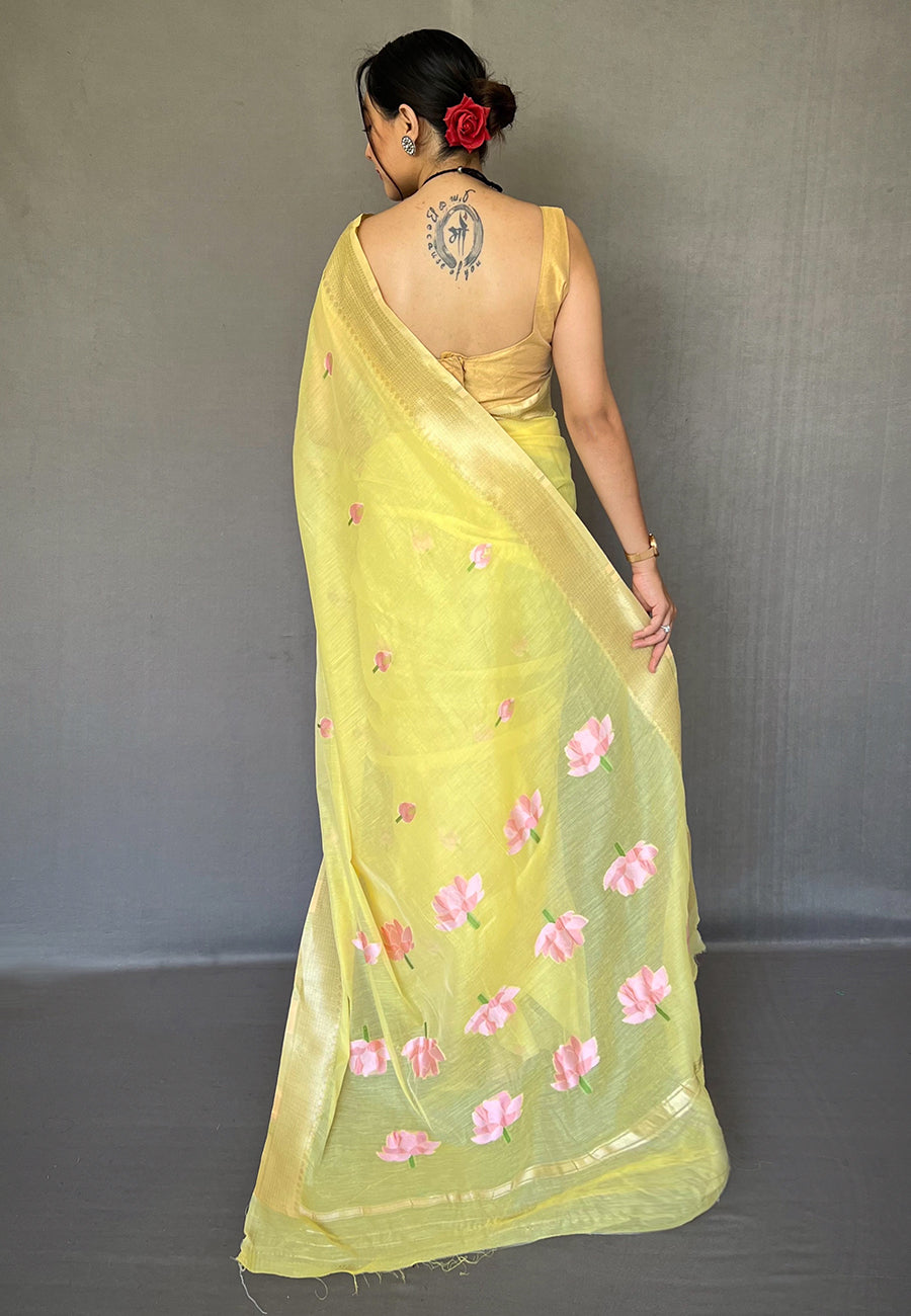 Buy MySilkLove Marigold Yellow Cotton Lotus Woven Silk Saree Online