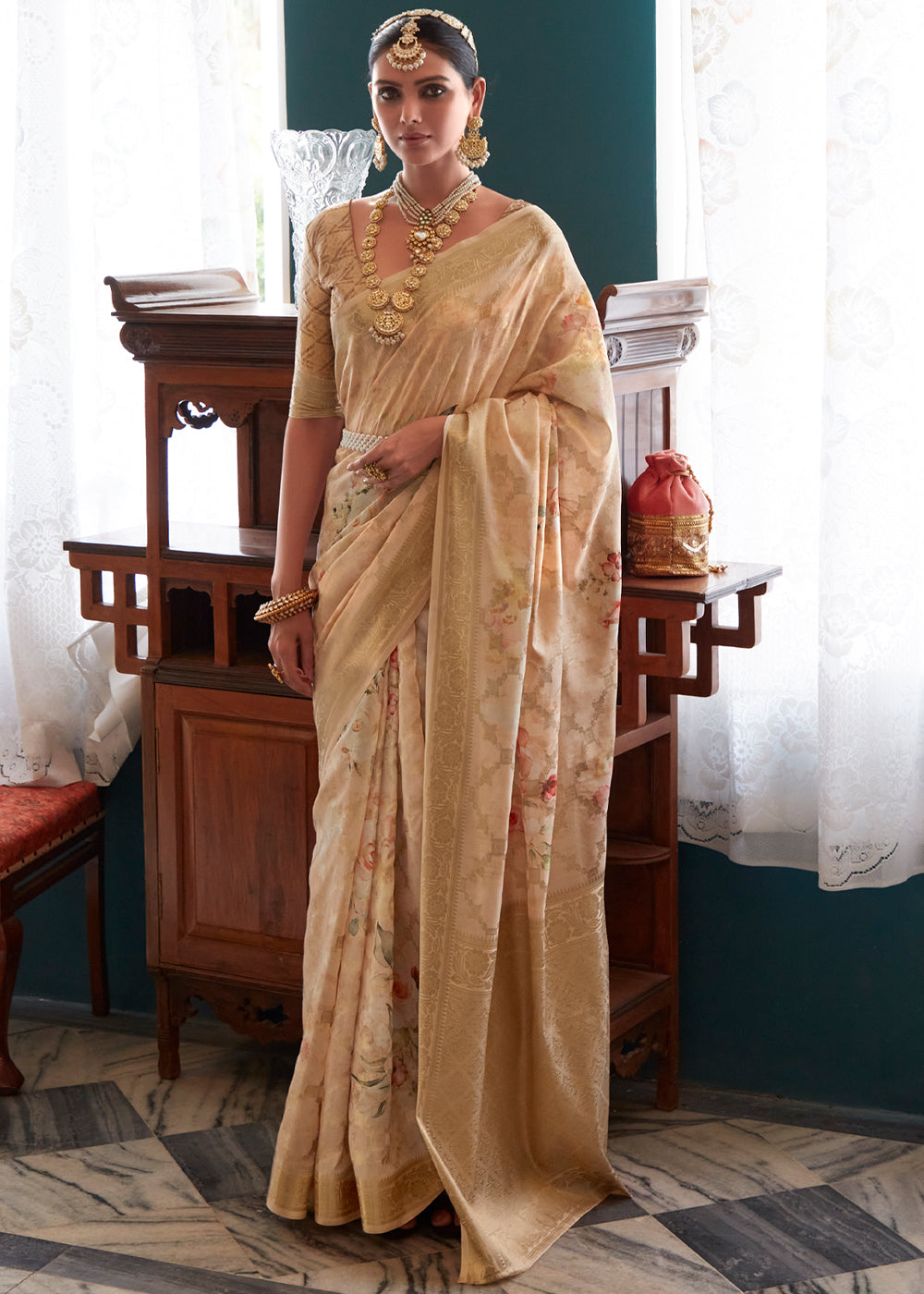 Buy MySilkLove Muesli Brown Woven Banarasi Floral Printed Silk Saree Online