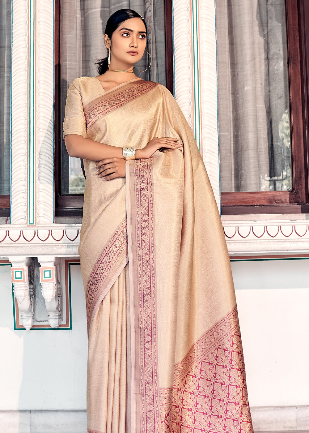 Buy MySilkLove Givry Cream Woven Kanjivaram Silk Saree Online