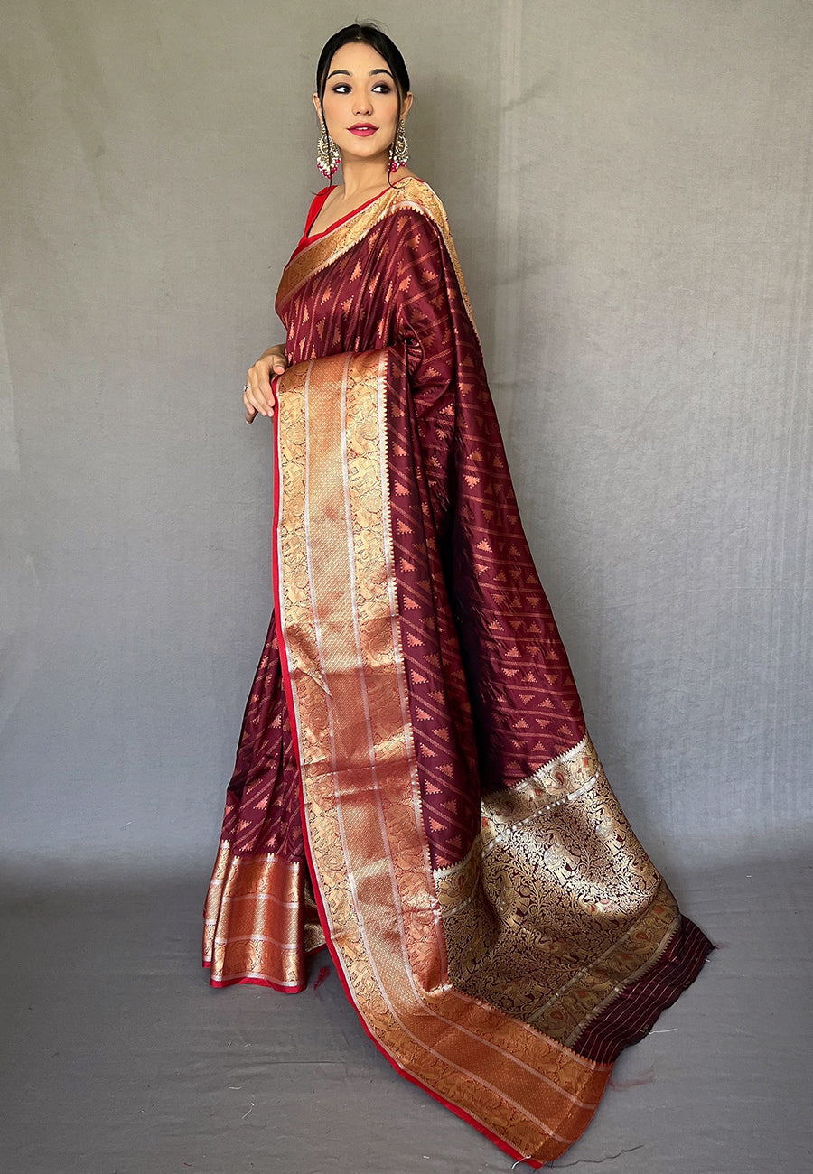 Buy MySilkLove Tosca Brown Banarasi Silk Leheriya Copper Zari Woven Saree Online