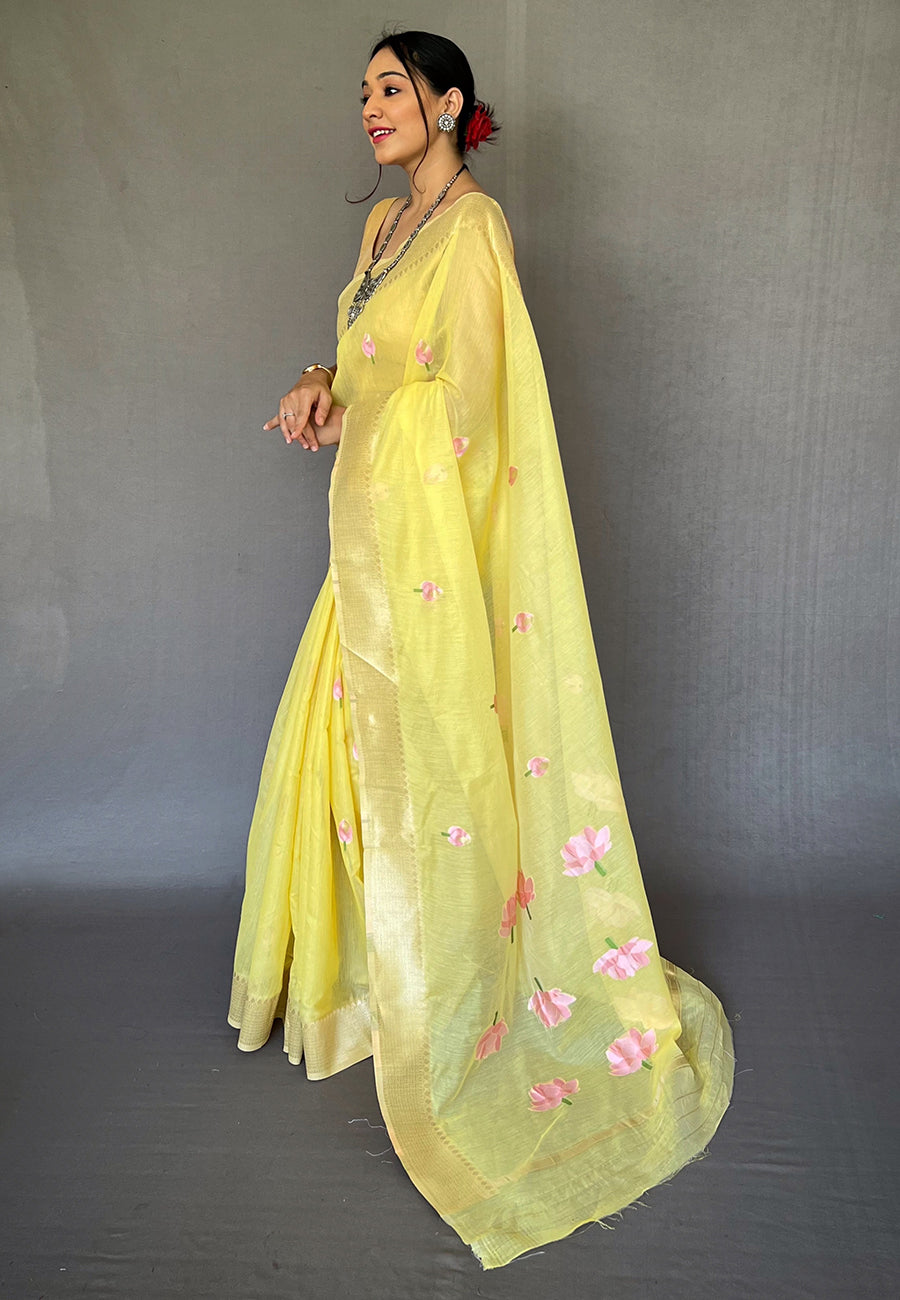 Buy MySilkLove Marigold Yellow Cotton Lotus Woven Silk Saree Online