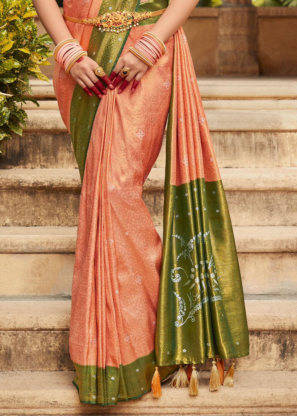 Buy MySilkLove Mona Lisa Peach and Green Woven Kanjivaram Silk Saree Online