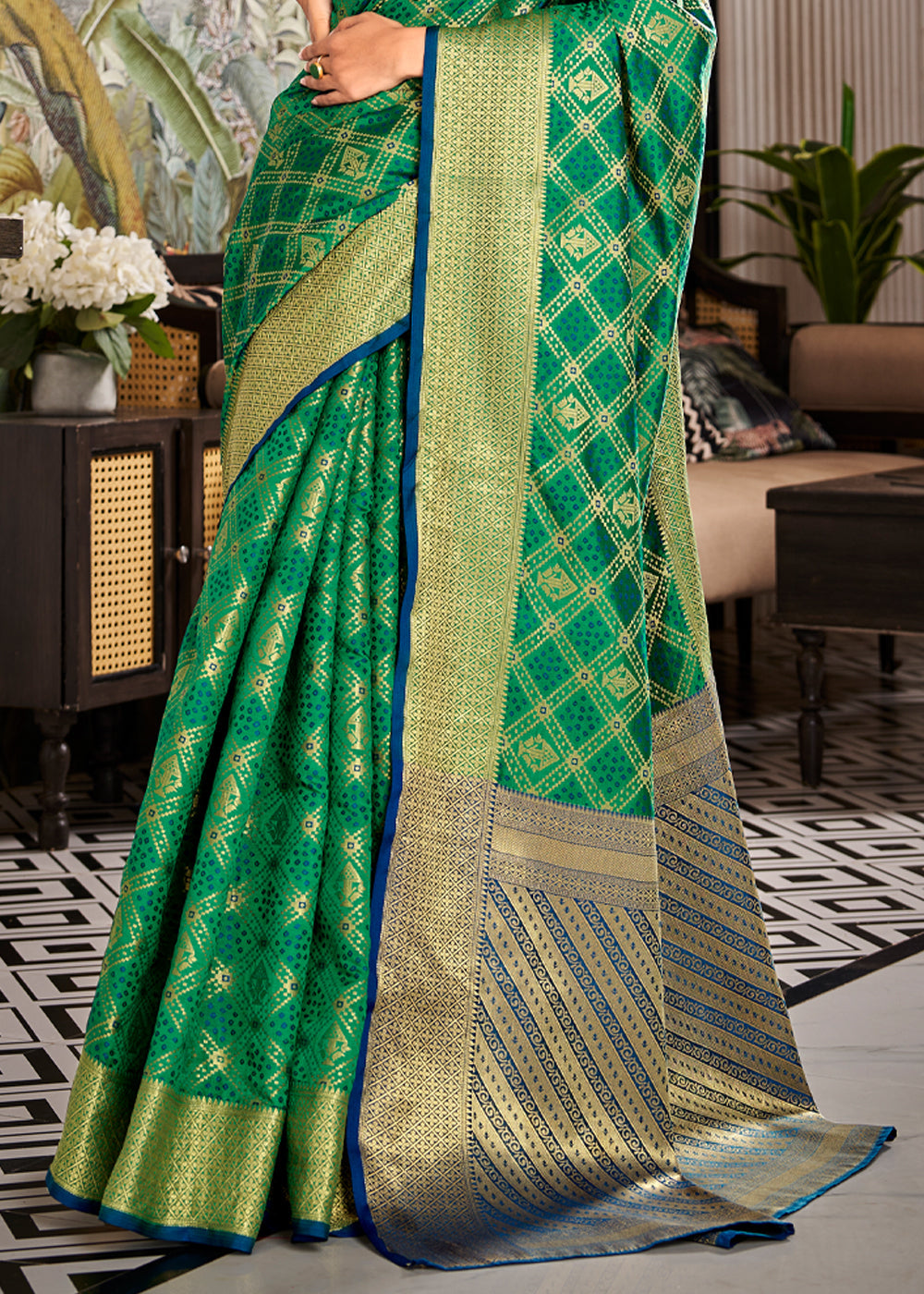 Buy MySilkLove Viridian Green Woven Patola Soft Silk Saree Online