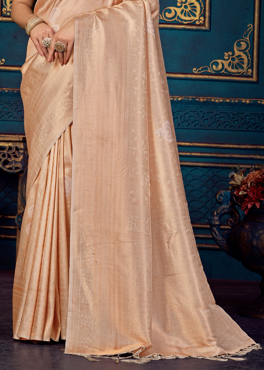 Buy MySilkLove Negroni Peach Woven Banarasi Jacquard Silk Saree Online