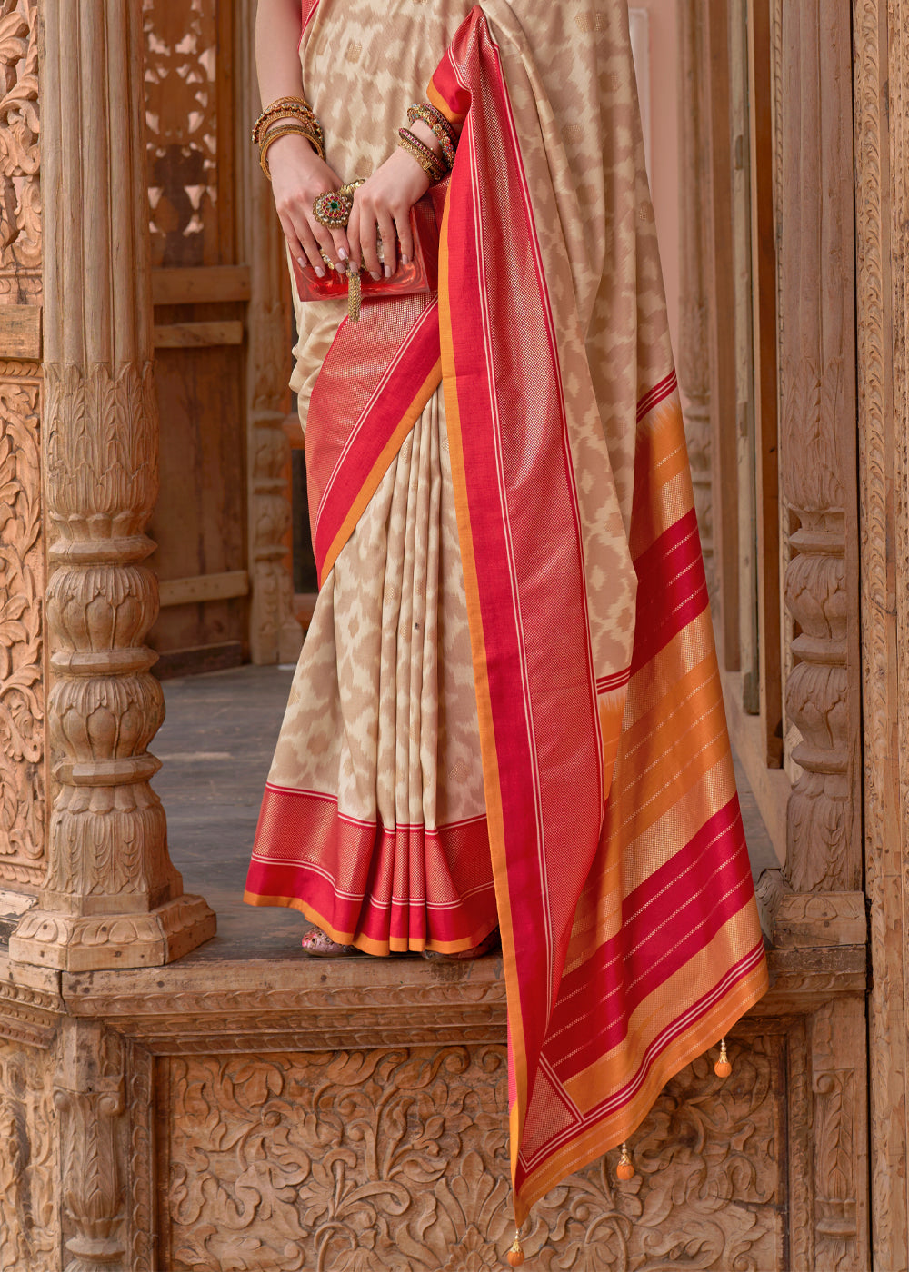 Buy MySilkLove Cameo Cream and Red Woven Patola Silk Saree Online