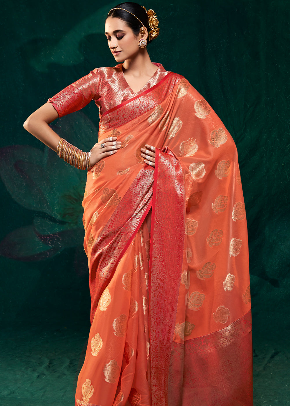 Buy MySilkLove Jelly Bean Orange Woven Banarasi Organza Silk Saree Online