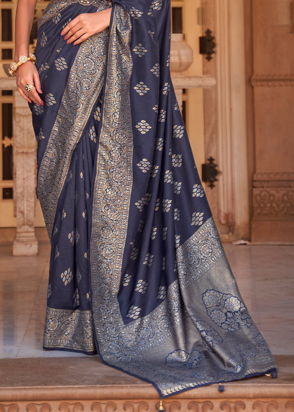 Buy MySilkLove Gun Powder Grey Woven Banarasi Soft Silk Saree Online