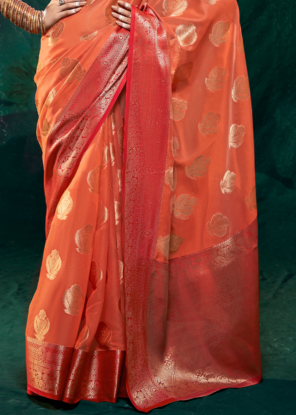 Buy MySilkLove Jelly Bean Orange Woven Banarasi Organza Silk Saree Online