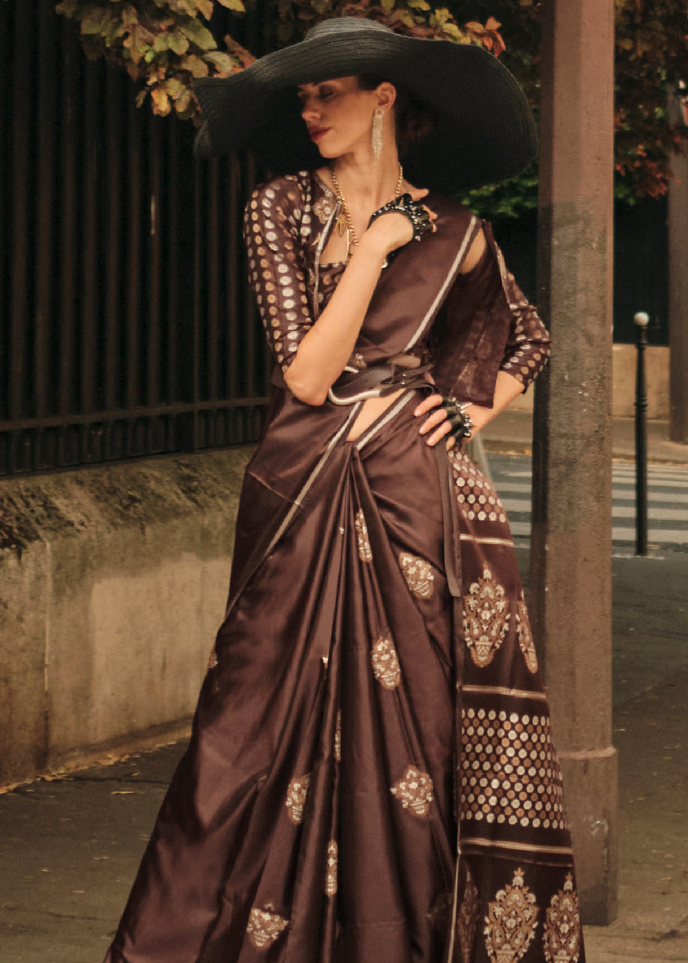 Buy MySilkLove Quincy Brown Woven Banarasi Satin Silk Saree Online